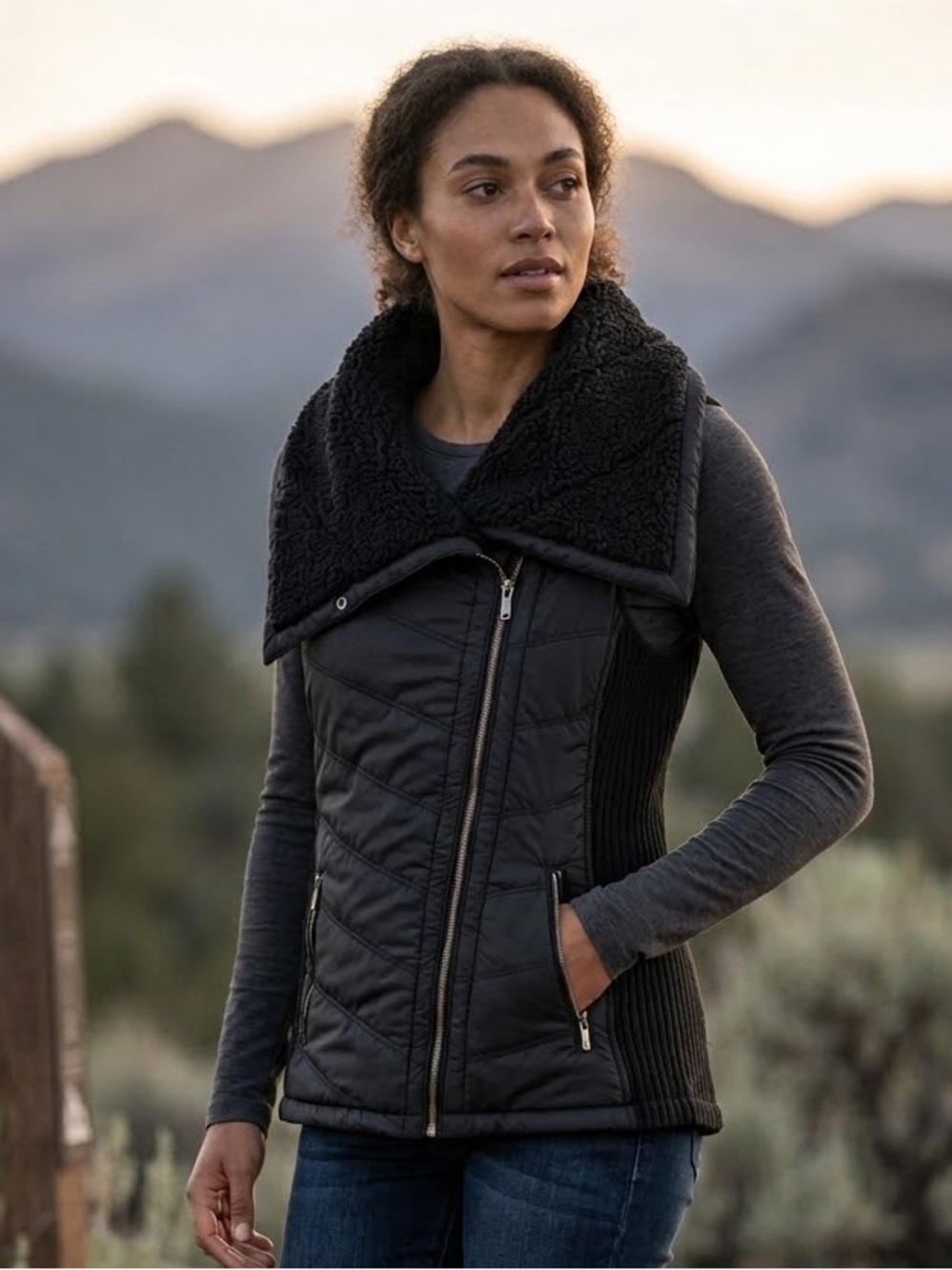 prAna Black Quilted Sherpa Collar Asymmetrical Zip Vest Size Medium